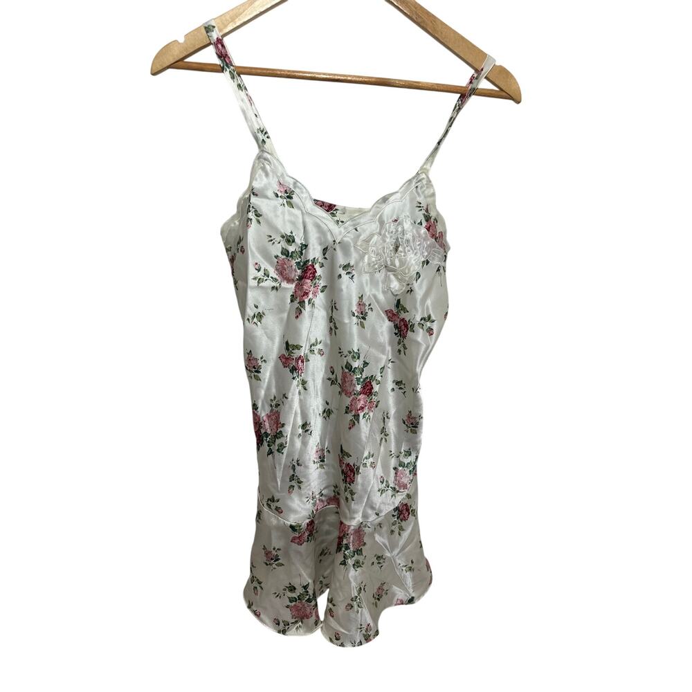 Vintage Second Skin Victoria Secret Pink Rose Floral Satin Slip Dress Size P